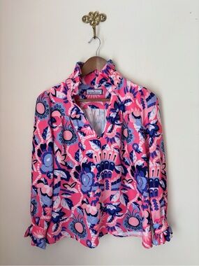 CK Bradley Pink Floral Ruffle Aspen Blouse Small Preppy Summer